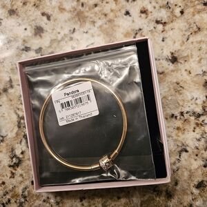 Pandora Gold Barrel Clasp Bangle Bracelet With Cubic Zirconia 7.5 Inch